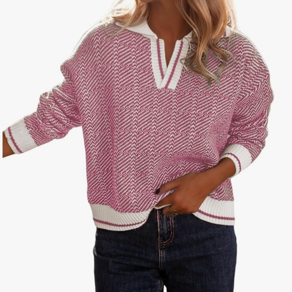 Women’s Lapel V Neck Color Block Striped Sweaters Drop Shoulder Long Sleeve